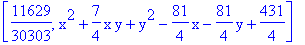 [11629/30303, x^2+7/4*x*y+y^2-81/4*x-81/4*y+431/4]
